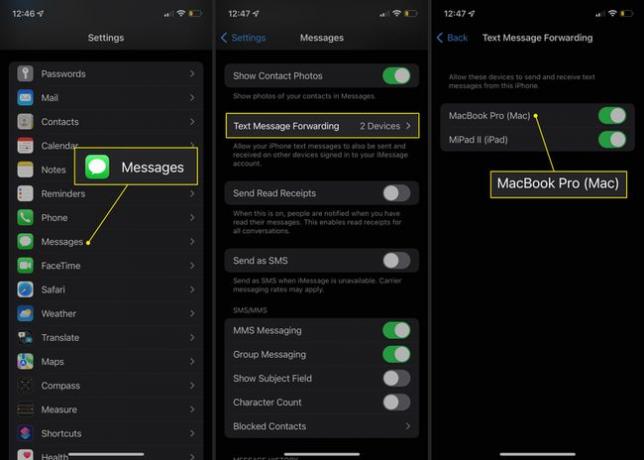 الرسائل وإعادة توجيه الرسائل النصية وجهاز Mac في تطبيق الإعدادات لنظام iOS