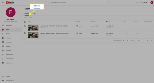 Onder Uploads zie je alle video's die je naar je kanaal hebt geüpload.