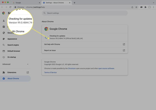 Број верзије Цхроме-а истакнут на Мац-у.