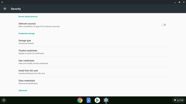 Στιγμιότυπο οθόνης των ρυθμίσεων της εφαρμογής Chromebook Android.