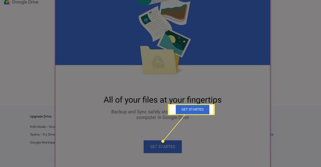 ღილაკი „დაწყება“ Google Drive-ის სარეზერვო და სინქრონიზაციის აპის ჩამოტვირთვის გვერდზე.
