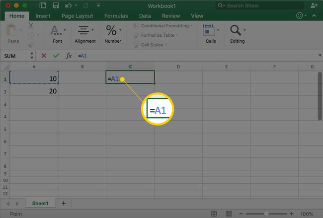 Excel pokazujący komórkę C1 z A1 w niej