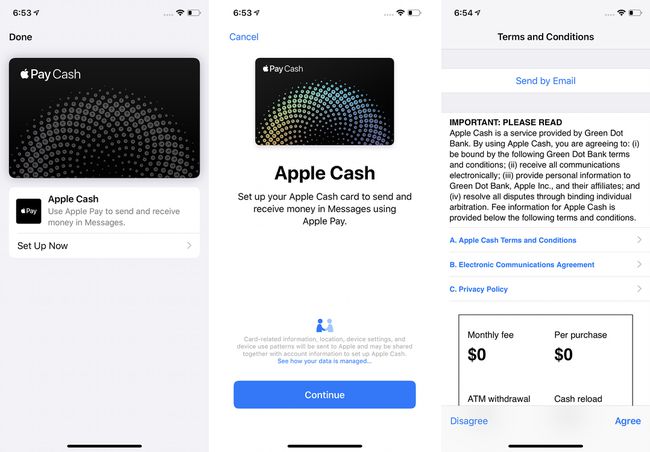 Screenshots der ersten 3 Schritte der Einrichtung von Apple Pay Cash