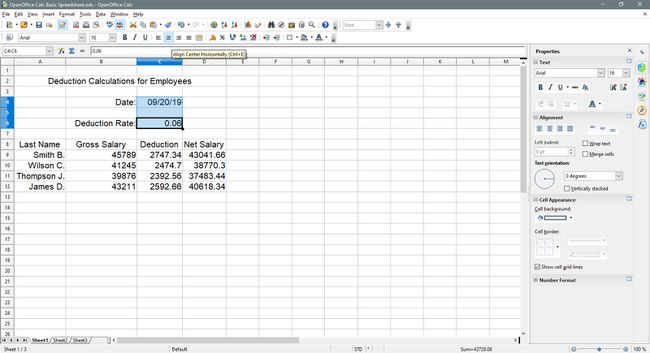 De cellen horizontaal gecentreerd uitlijnen in OpenOffice Calc.