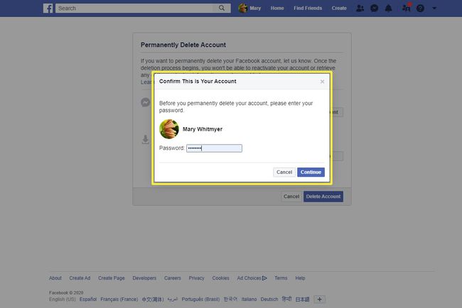 Подтверждение удаления Facebook паролем с помощью веб-браузера.
