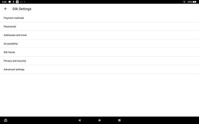 Skærmbillede af Silk browserindstillinger
