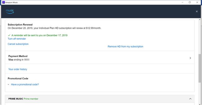 Przypomnienie o odnowieniu subskrypcji Amazon Music HD.