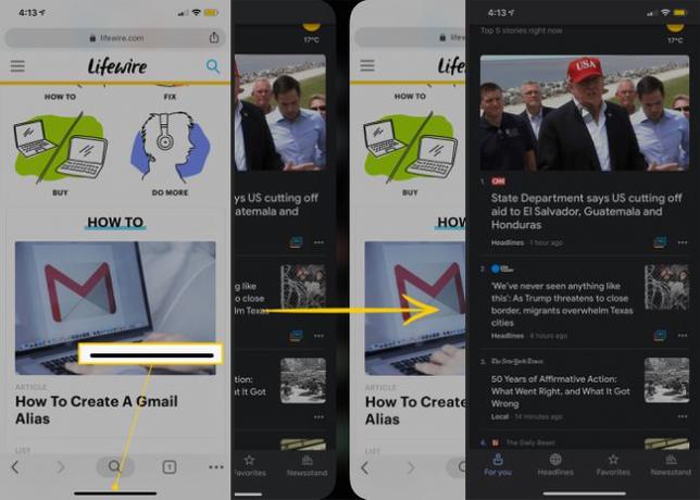 Sveip opp linjen, sveip fra venstre til høyre, Nyheter-appen på iPhone X