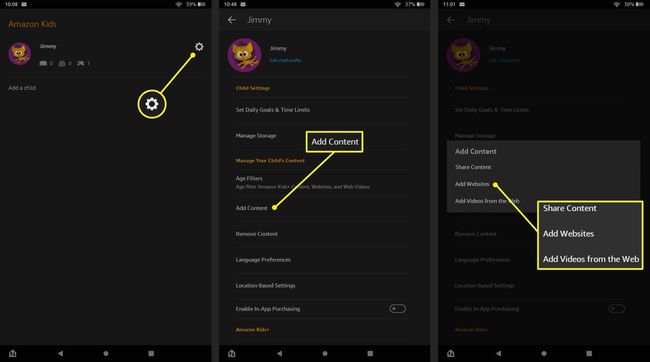 Indstillinger for gear, Tilføj indhold og Del indhold i Amazon Kids-appen