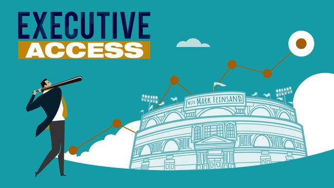 โลโก้พอดคาสต์ของ Executive Access ที่มีนักธุรกิจถือไม้เบสบอล