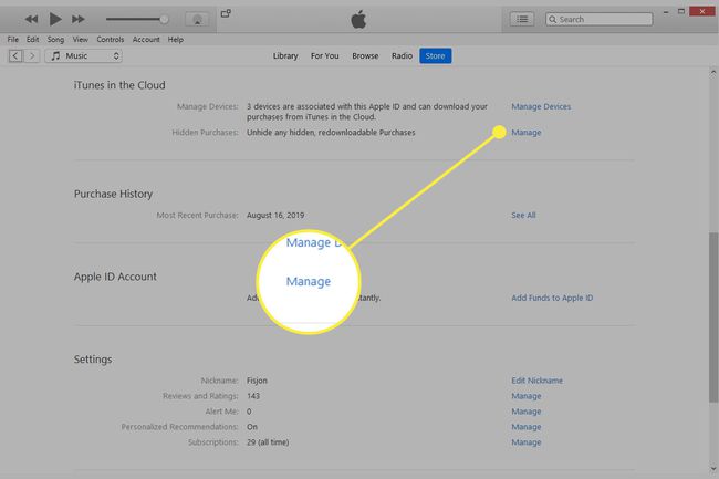 Una captura de pantalla de iTunes con la opción Administrar resaltada