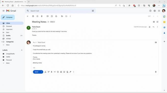 Bard によって Gmail で生成された電子メールの返信。