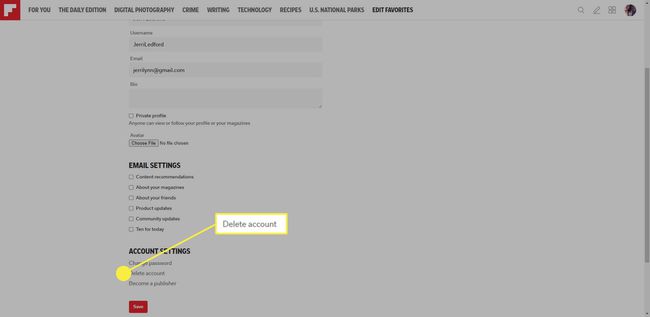 La opción Eliminar cuenta en Flipboard para la web.
