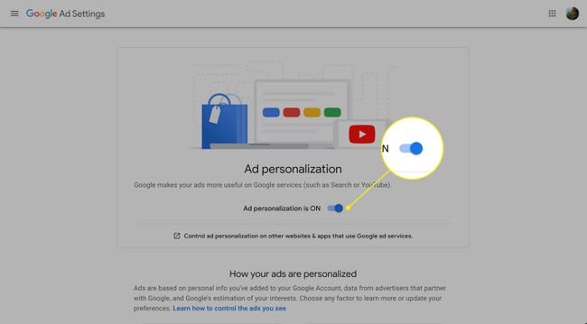 El interruptor de personalización de anuncios en la configuración de anuncios de Google