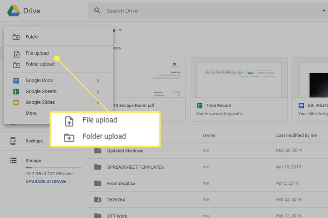 Opções de upload do Google Drive com " Upload de arquivo" e " Upload de pasta" destacados