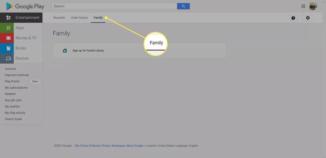Google Play -kauppa, jossa Perhe-välilehti on korostettuna