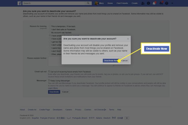 Ostatni krok w dezaktywacji konta na Facebooku za pomocą przeglądarki internetowej.