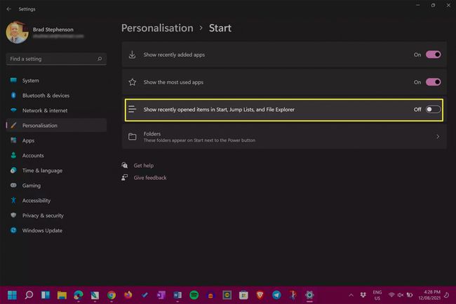 Windows 11 Start personaliseringsinnstillinger med alternativet Vis nylig åpnede elementer slått av.
