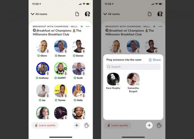 Социалното приложение Clubhouse, показващо как изглежда, когато влезете в нова стая и когато поканите някого в стая.