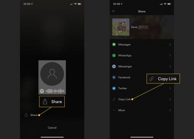Przycisk udostępniania, przycisk Kopiuj łącze w aplikacji mobilnej Spotify