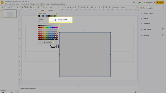 Definir uma forma como transparente no Apresentações Google com Transparente realçado