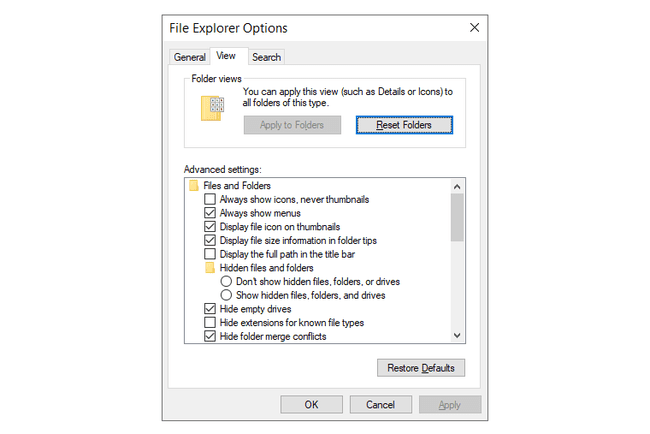 Screenshot van de Verkenner-opties in Windows 10
