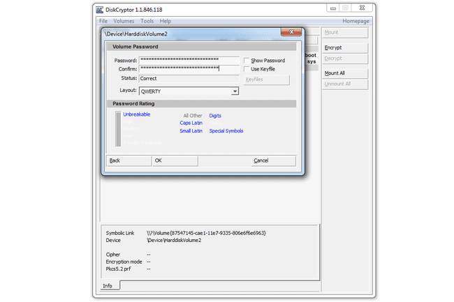 Diskcryptor volume wachtwoord scherm