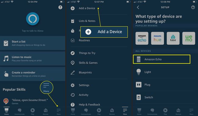 Alexa rakenduse sammud seadme lisamiseks, tõstes esile More, Add a Device ja Amazon Echo
