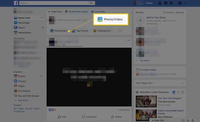 Бутон PhotoVideo на главната страница на Facebook, част от процеса за качване на множество снимки във Facebook