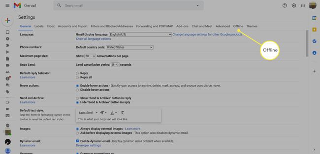 Configurações do Gmail com a guia Off-line destacada