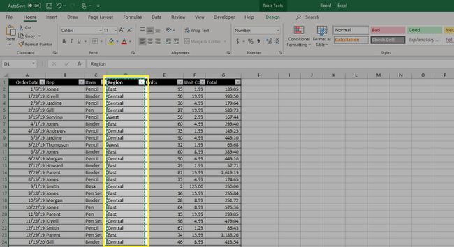 Eine Spalte in Excel, die von ihrer aktuellen Position " ausgeschnitten" wurde.