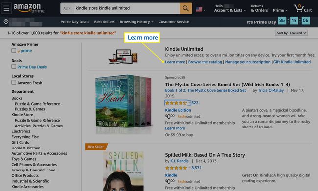 Amazon.com dengan Pelajari lebih lanjut dipilih di bagian Kindle Unlimited