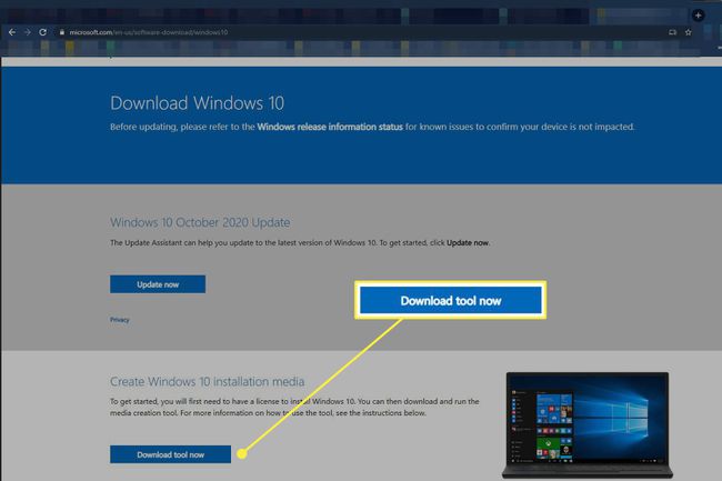 Microsoft'un web sitesindeki Windows 10 indirme sayfası.