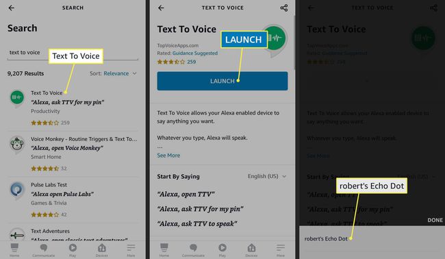 Text to Voice -taito, Launch ja Echo-piste korostettuna Alexa-sovelluksessa