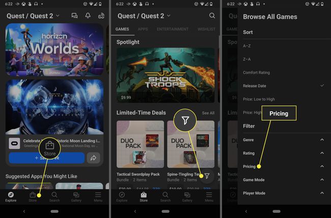 Oculusアプリで強調表示されたストア、フィルターアイコン、および価格。