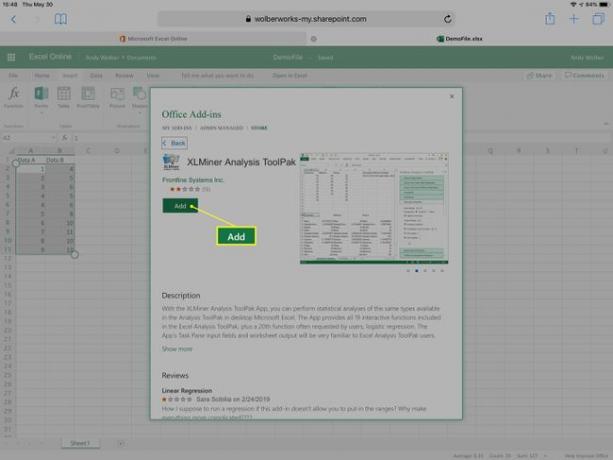 XLMiner Analysis ToolPak mit hervorgehobener Schaltfläche Hinzufügen