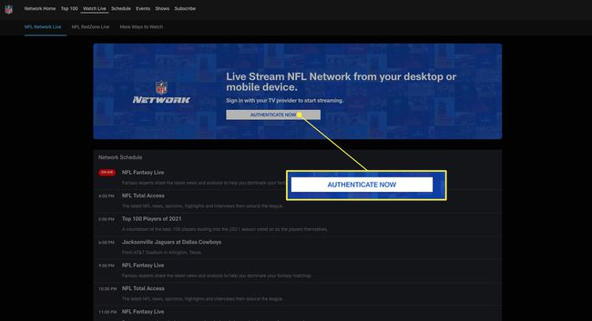 NFL Network-webbplats med Authenticate Now markerad