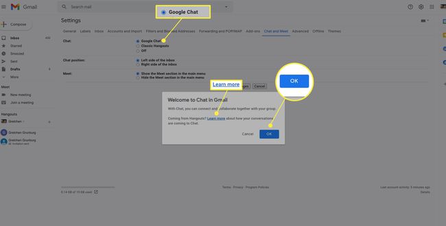 Configurações de bate-papo e reunião do Gmail com bate-papo do Google, Saiba mais e OK destacados