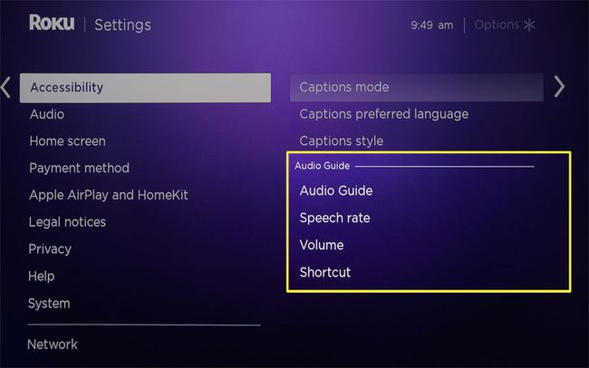 La sezione Audioguida del menu Accessibilità Roku.