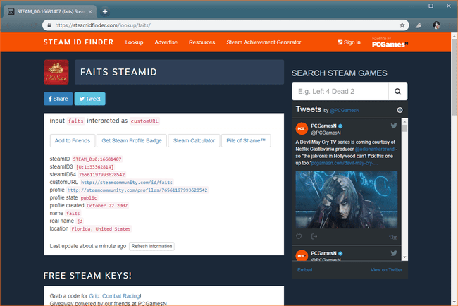 ภาพหน้าจอของ SteamID ที่สร้างขึ้นจาก URL ที่กำหนดเองบนเว็บไซต์ตัวค้นหา SteamID