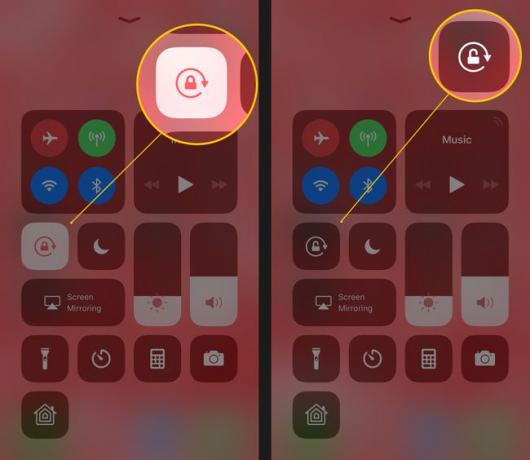 Екранна снимка на iOS Control Center, единият е с включено заключване на въртене, а другият е изключен