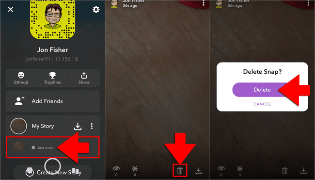 Sohbet seçimi, çöp kutusu simgesi ve Snap Sil? Snapchat'teki pencere