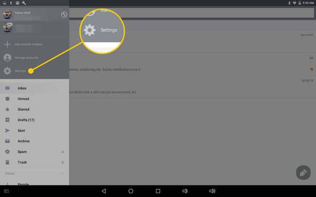 Aplicativo Yahoo Mail com a opção Configurações destacada