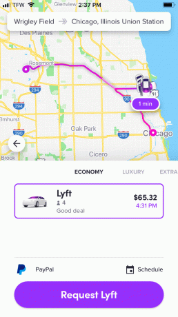 Screenshot der Seite „Lyft anfordern“ in der Lyft-App