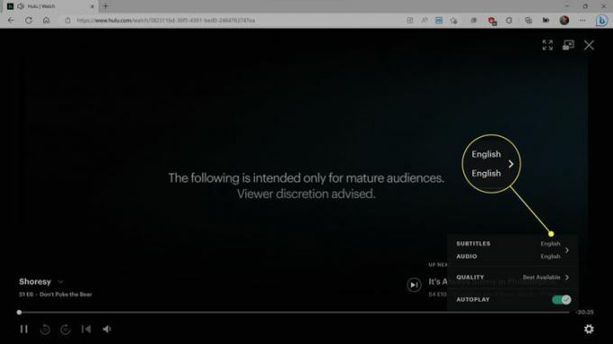 Hulu の言​​語メニューで英語が強調表示されます。