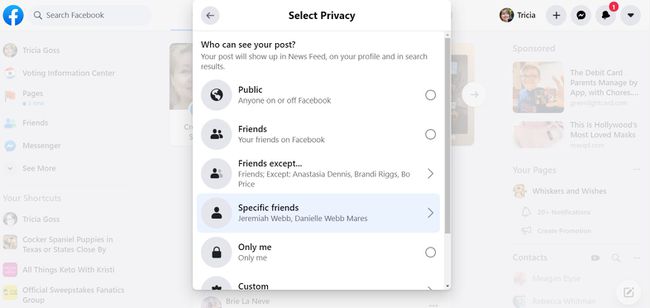 Konkreetsed sõbrad jaotises Select Privacy