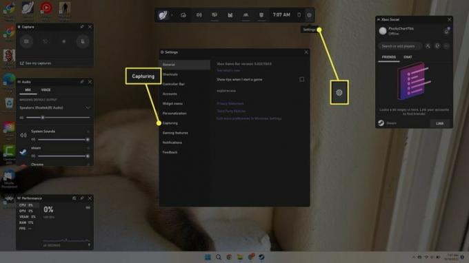 Capture-vinduet og Capture-ikonet uthevet i Xbox Game Bar-menyen på Windows 11