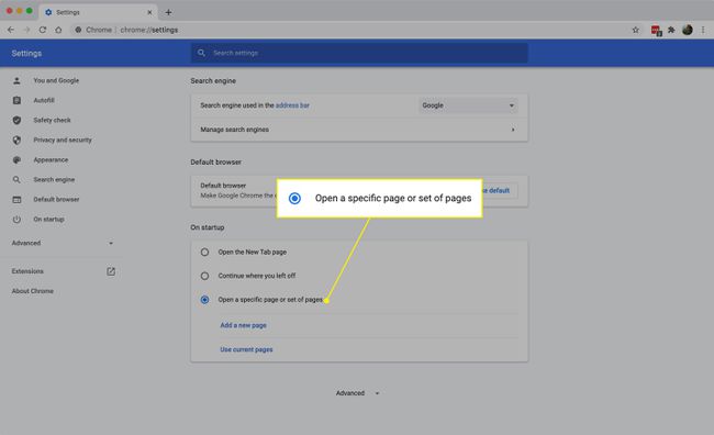 La opción " Abrir una página específica o un conjunto de páginas" en la configuración de inicio de Chrome