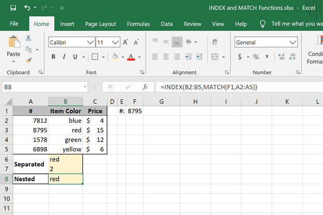 Ühes valemis pesastatud Exceli funktsioonid MATCH ja INDEX