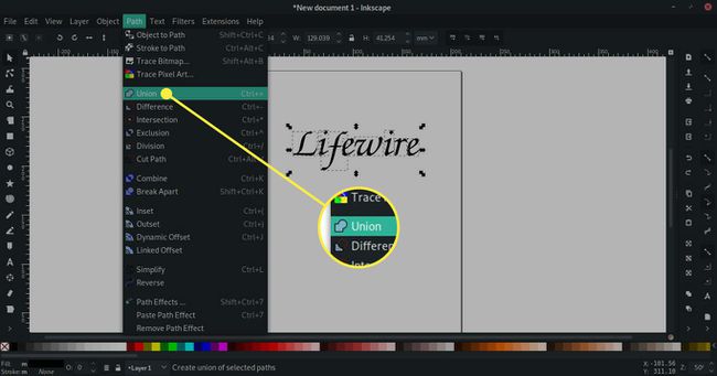 Snímek obrazovky Inkscape se zvýrazněným příkazem Union